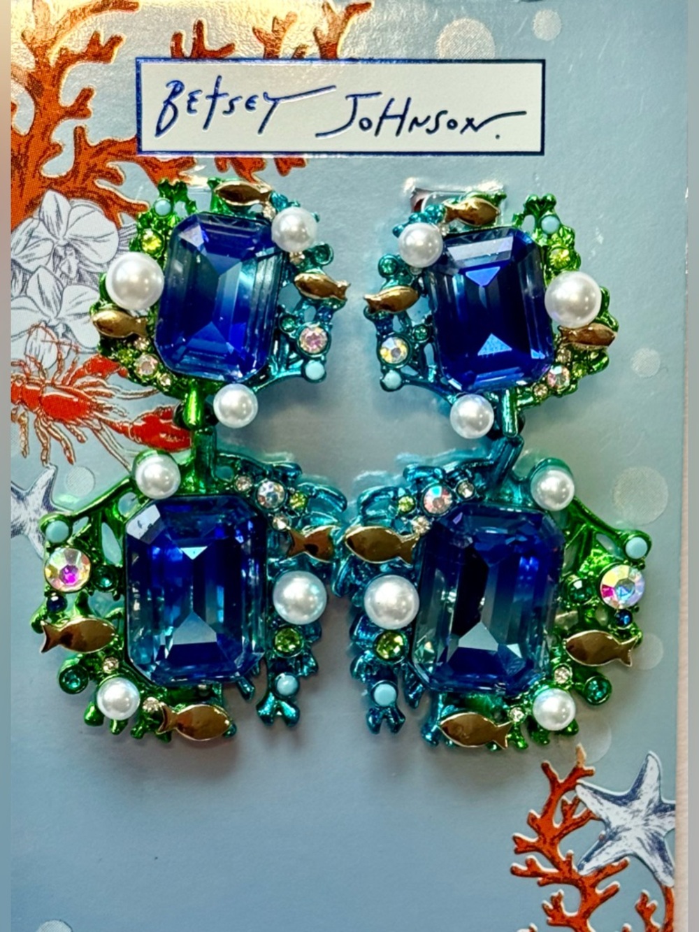 Betsey Johnson Mermaid Jewels Seaweed Stone Statement Earrings